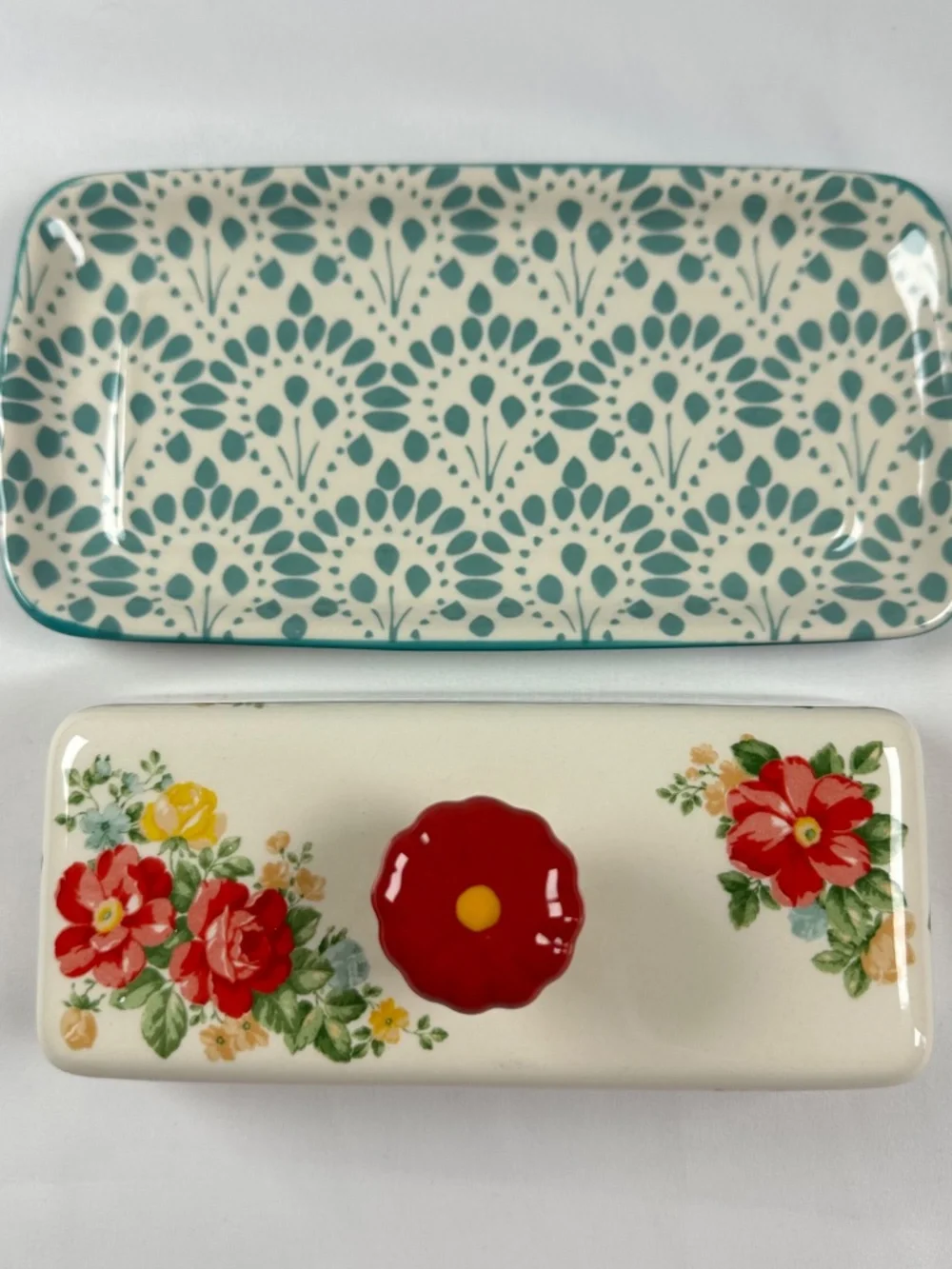 The Pioneer Woman Vintage Floral Butter Dish Stoneware Ceramic Red Teal Yellow